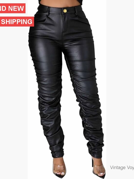 High Waist Faux Leather Leggings Stretchy Stacked Design Mid Rise Skinny Fit